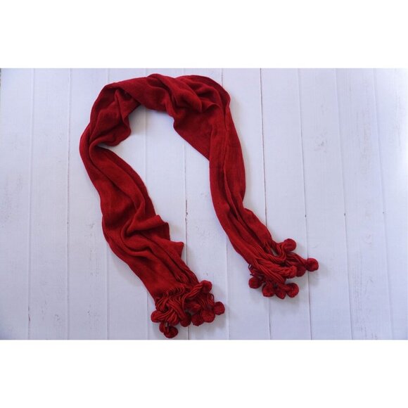 Red Winter Scarf with Pom Pom Tassels - Picture 4 of 5